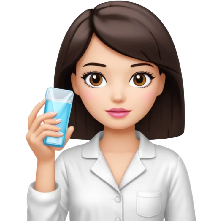 Barbie girl with makeup, bob haircut, short dark brown hair in white pajamas, face gel in hand emoji
