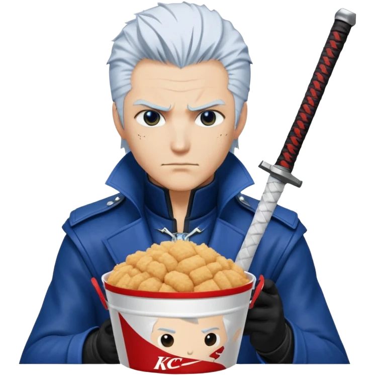 Vergil from Devil May Cry sitting in a KFC bucket, blue coat, white hair, katana emoji