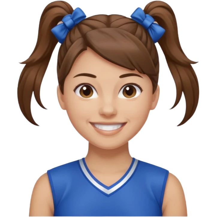brown hair blue cheerleading shirt no bangs with a high pony tail smiling emoji