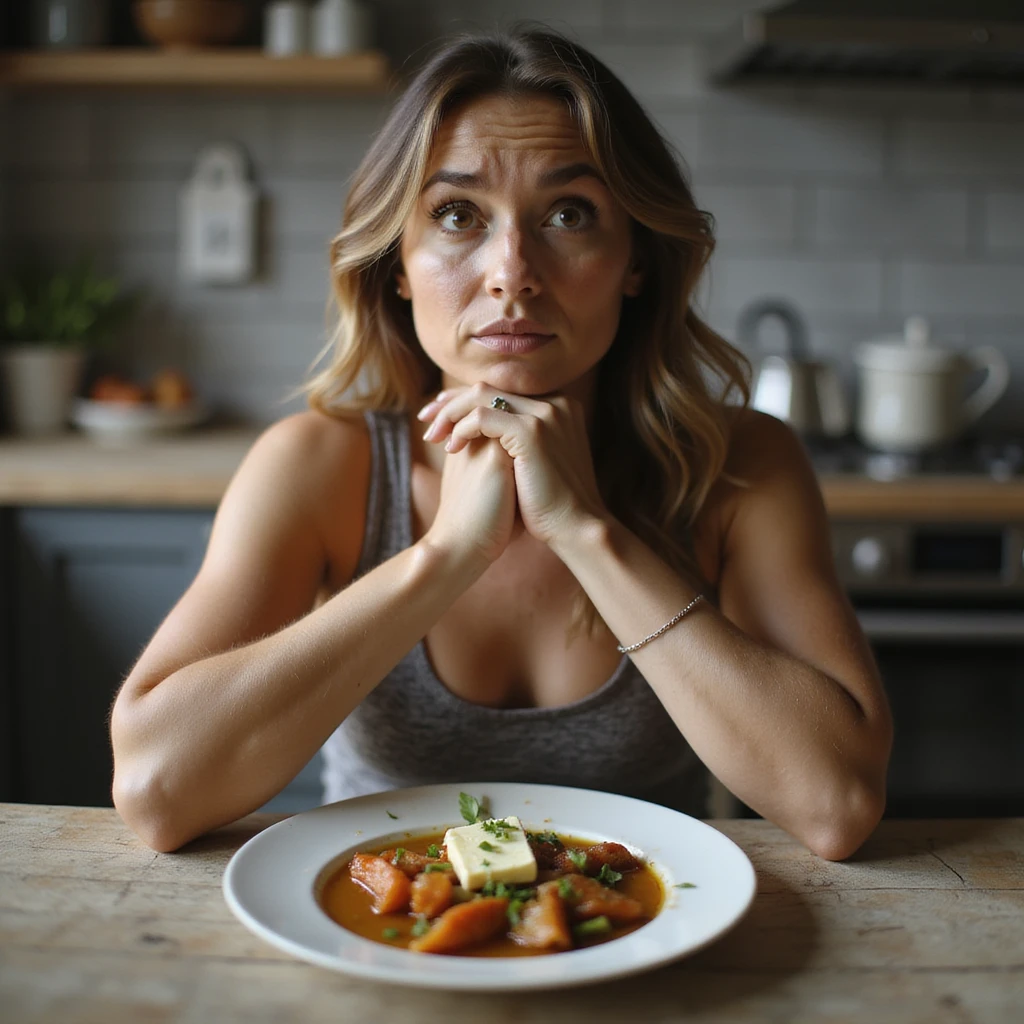 realistic hyper-detailed 4K image of a woman sitting at a table thinking she is eating little, but her plate is rich with condiments like oil, sauces, butter, with a convinced or surprised expression, in a home or kitchen environment emoji