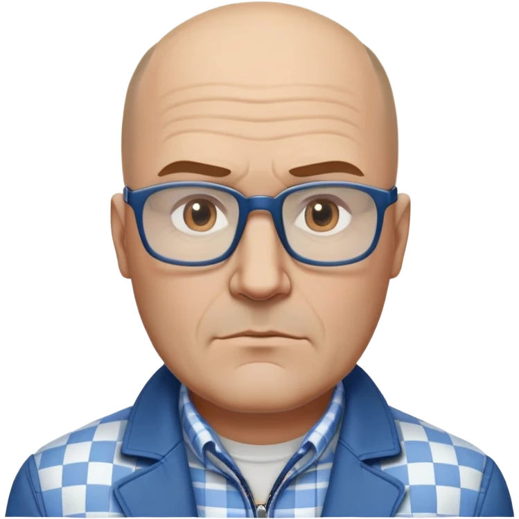 50-year-old heavyset man with very wide face and prominent square jawline. Little to no hair on the sides with some hair on top, balding pattern. Large dark square glasses. Serious-relaxed expression. Light gray jacket that fits his larger frame, white shirt with blue checkered pattern. emoji