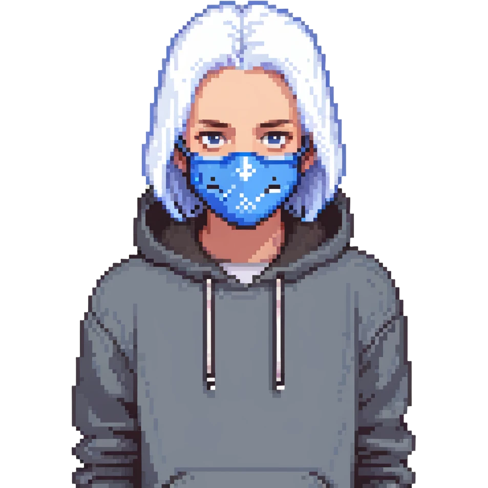 teen in hoodie, blue mask, white hair, simple background emoji