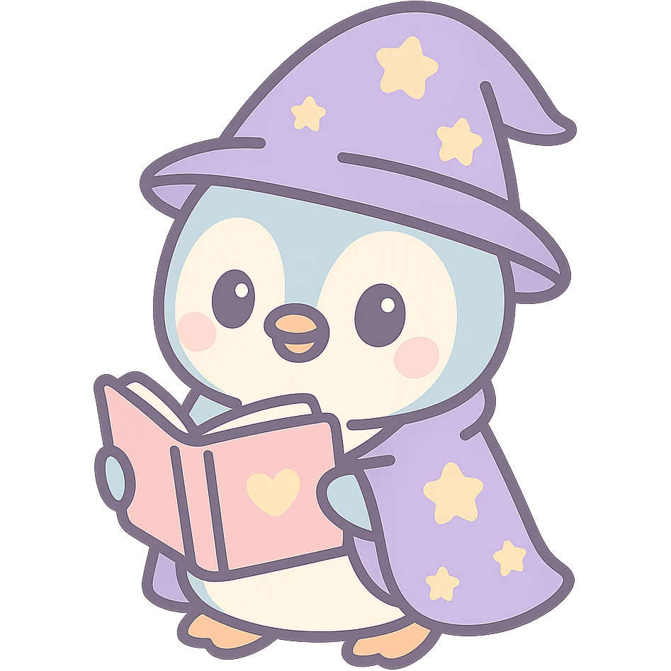 penguin wizard reading a spellbook, wearing a starry robe, charming emoji
