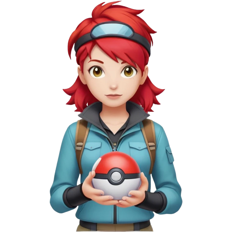 female pokemon trainer with bright red hair, pokeball, adventure outfit emoji