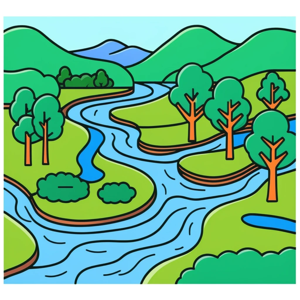 Meandering river flowing through a landscape with trees emoji