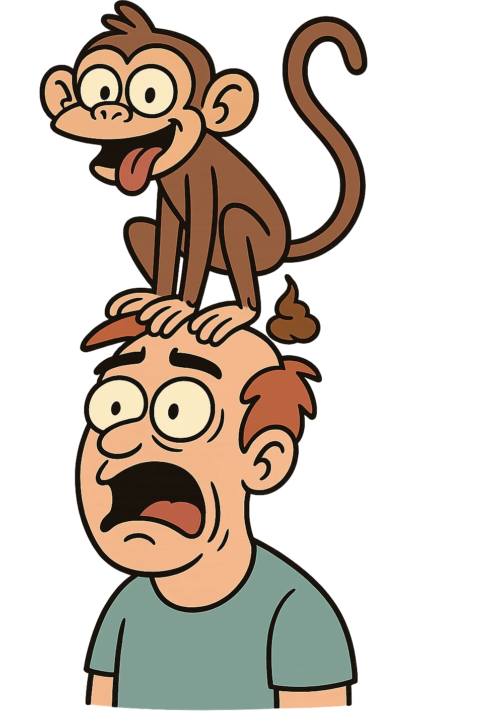 silly monkey pooping on a shocked man's head, cartoon style, lighthearted and funny, no background emoji