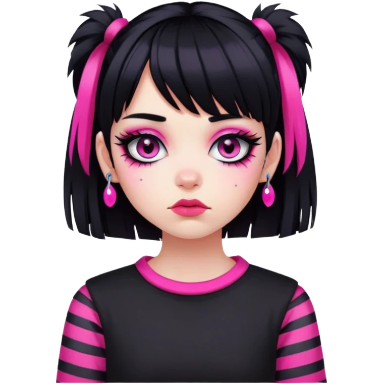 Create an emoji-style girl in the emo subculture. She has black hair with a bright pink fringe, heavy eyeliner around her eyes, and accessories typical for emo fashion — such as striped sleeves, piercings, black clothing, and a melancholic or dramatic expression emoji