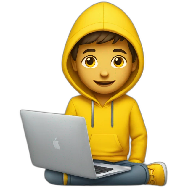 A boy with Macbook wearing yellow hoodie emoji