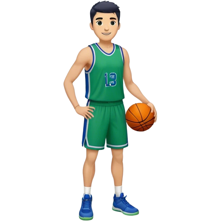 Full Body heavy tall white male with dark short spike hair basketball player wearing blue green uniform smiling emoji