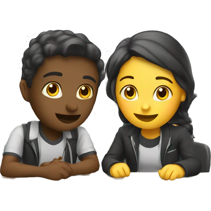 2 students sitting at desks and speaking to each other. emoji