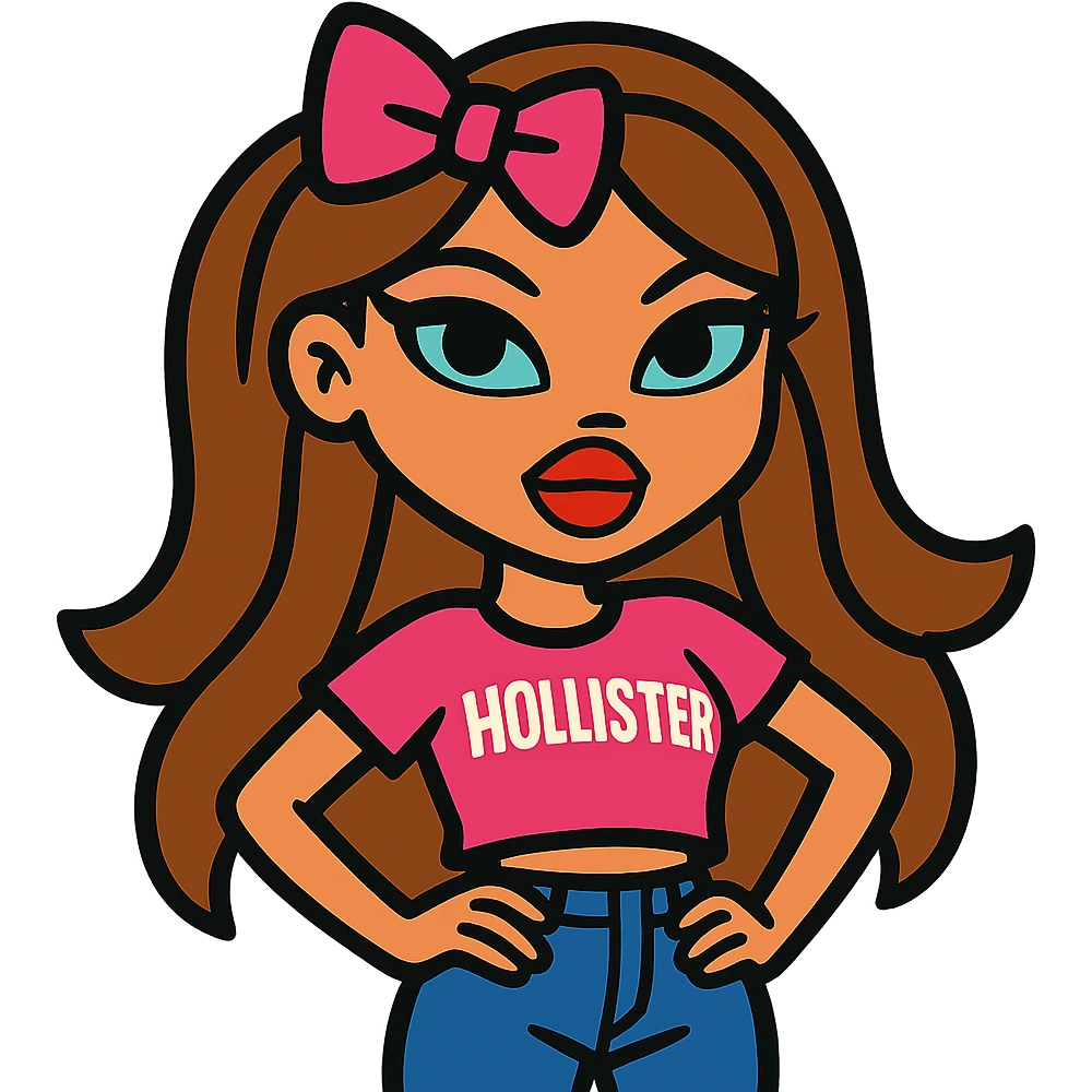 Bratz doll character with brown hair and a pink bow on her hair emoji