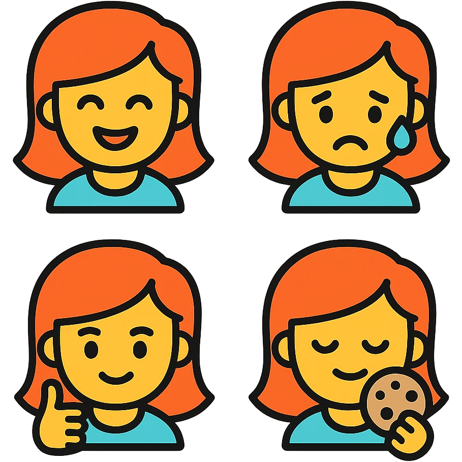 A set of emojis for a Telegram channel called 'Рыжая Начинка' featuring a red-haired girl with various expressions and activities, in the style of colorful outlined icons. emoji
