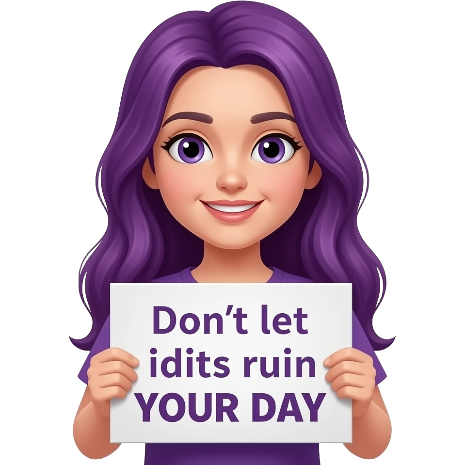 girl with long purple hair holding a Don't let idiots ruin YOUR DAY sign emoji
