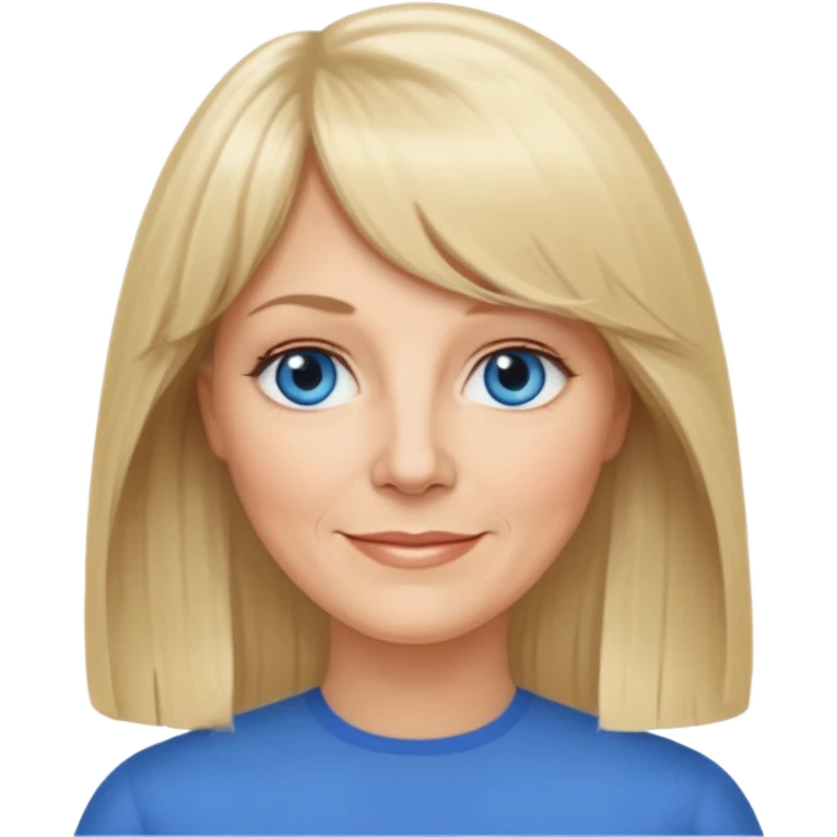 50 yr old white woman, curtain bangs, long straight blond hair, oval face, small smile, blue eyes emoji