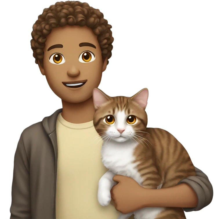 Person with brown curly hair holding a tabby cat emoji