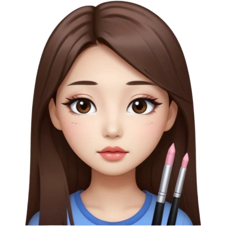 “korean straight long brown hair Emoji girl, soft eyeliner and blush, gradient lips, light brown shimmer eyeshadow emoji