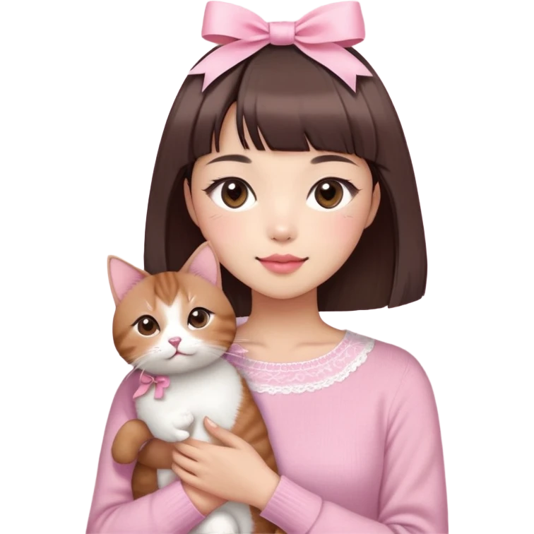 Cute East Asian girl, soft fair skin with blush on cheeks, big brown eyes with long lashes, natural pink lips, inward brown bob with straight bangs. Wearing a stylish pink knit top with ribbon details and subtle lace trim, holding a fluffy Abyssinian cat in arms, gentle smile, emoji