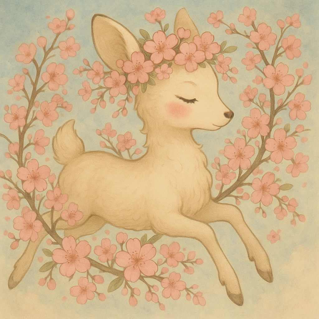 Create a variation with more cherry blossoms for a feminine adult vanilla cloud doe with rosy cheeks and cherry flowers, floating gracefully, in Ghibli style. This is for brand identity and social media use. emoji