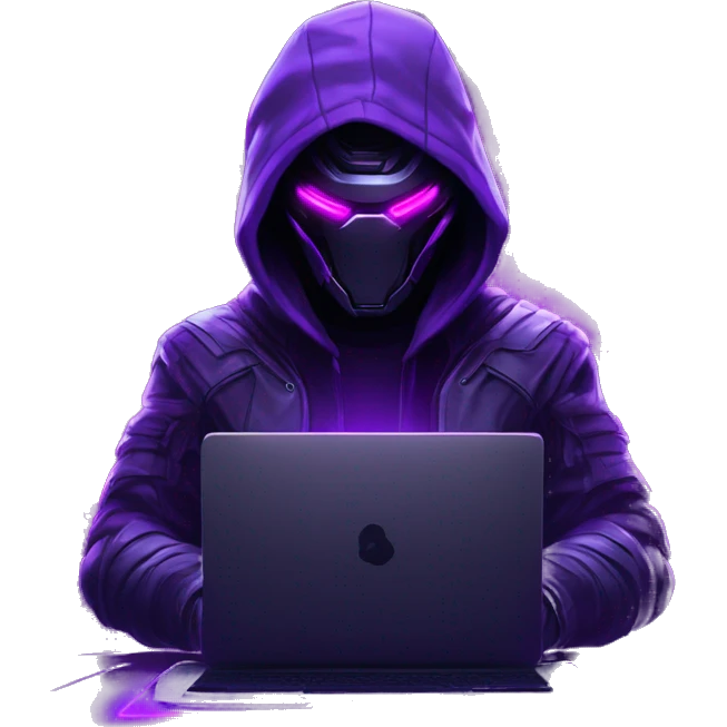 Hacker behind his laptop with this style : crysis Cyberpunk Valorant neon glowing bright purple character purple violet black hooded assassin themed character emoji