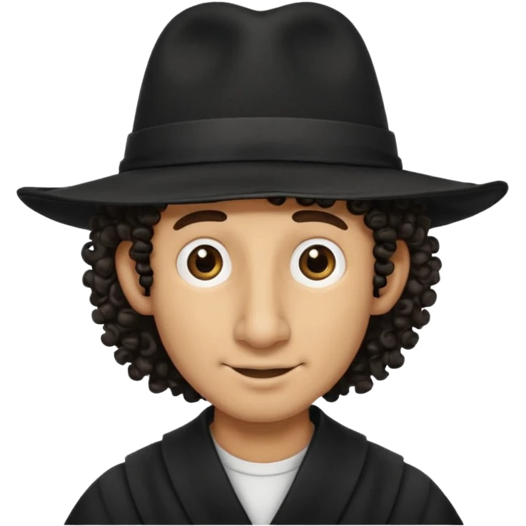 A man with a big nose and a black hat like a top hat but round and all black, with a strand of curly hair coming out from both sides of the hat, the strand of hair should be long  emoji