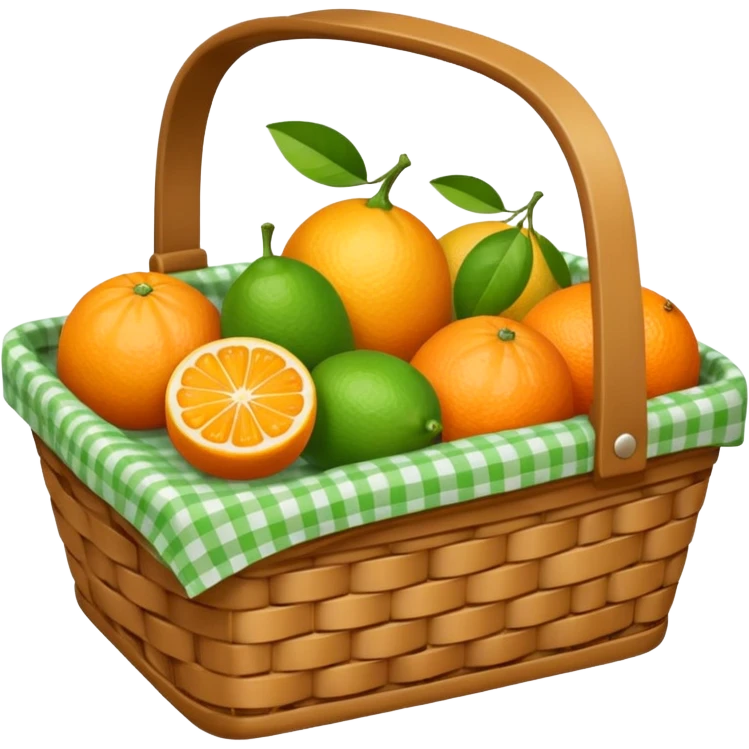
A small picnic basket holding citrus fruits and a tiny cloth napkin.








































 emoji