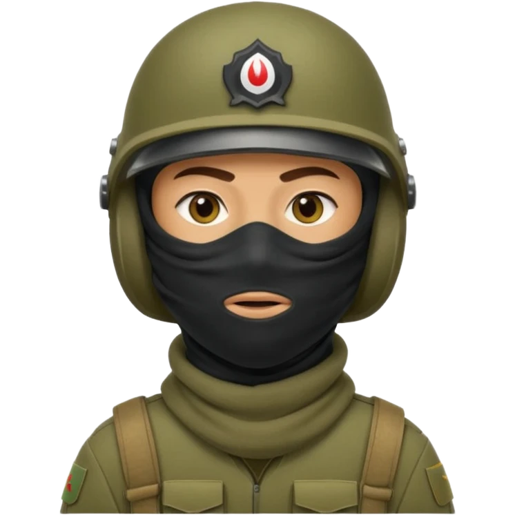 
an Iraqi soldier with a serious face, wearing a helmet and a balaclava covering his mouth emoji