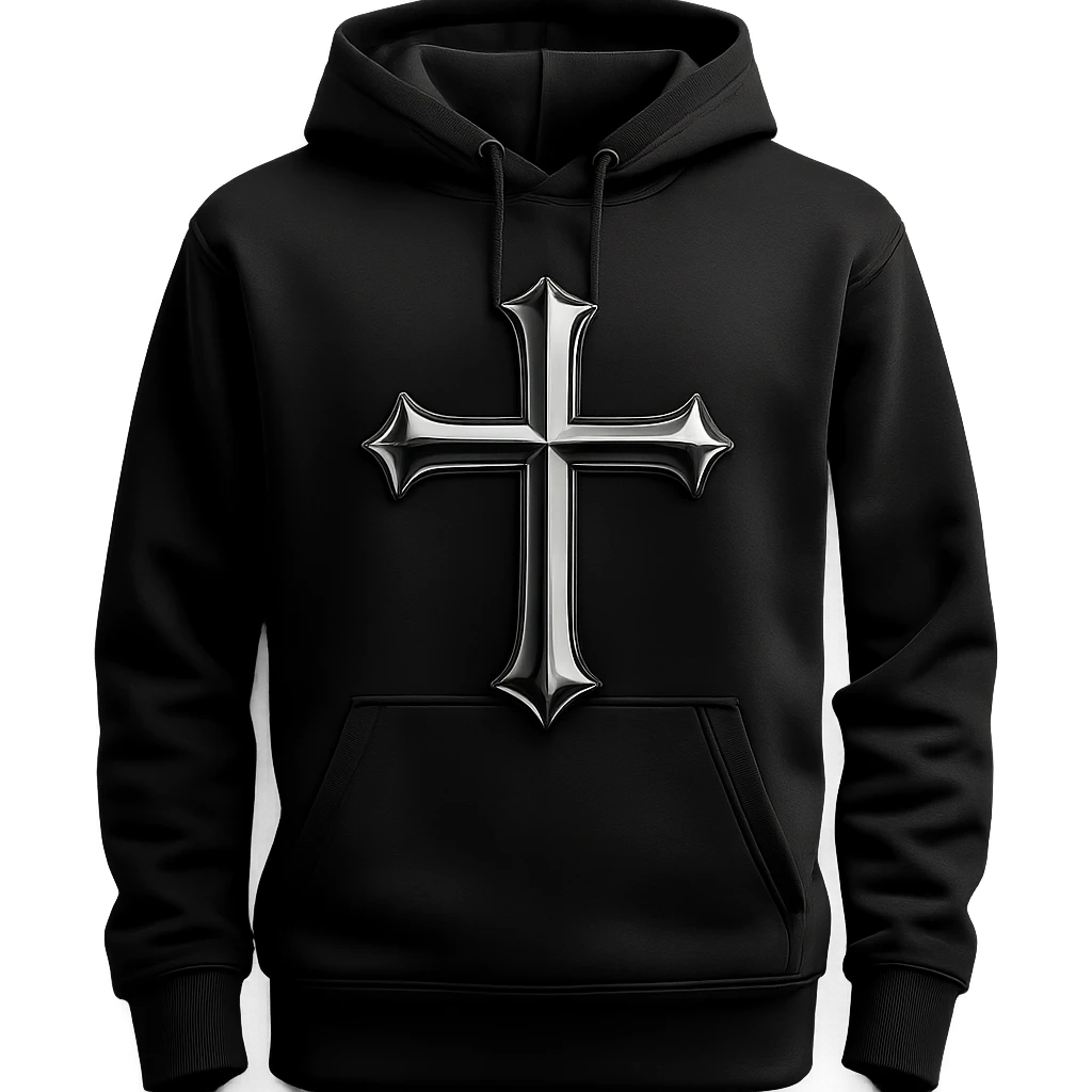 black hoodie featuring a shiny chrome cross design, 3D metallic effect, simple background emoji