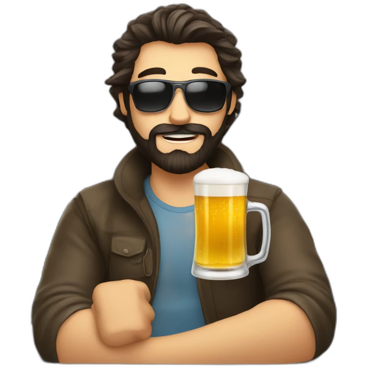 Dark hair beard man drinking beer and riding a plane emoji