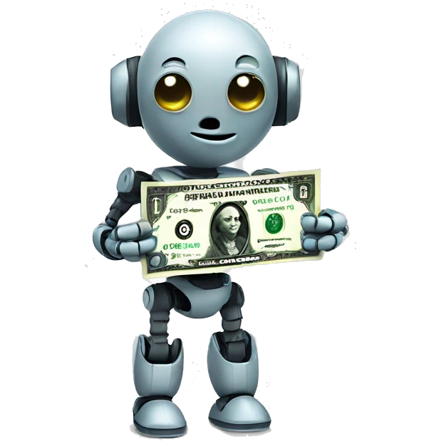 small cute robot holding a dollar bill emoji