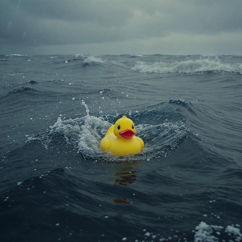 Extreme Closeup shot of Yellow duck toy on ocean during cloudy day, stormy sea, Camera from top, inspired by interstellar, shot by camera alexa 65, 35mm lens emoji