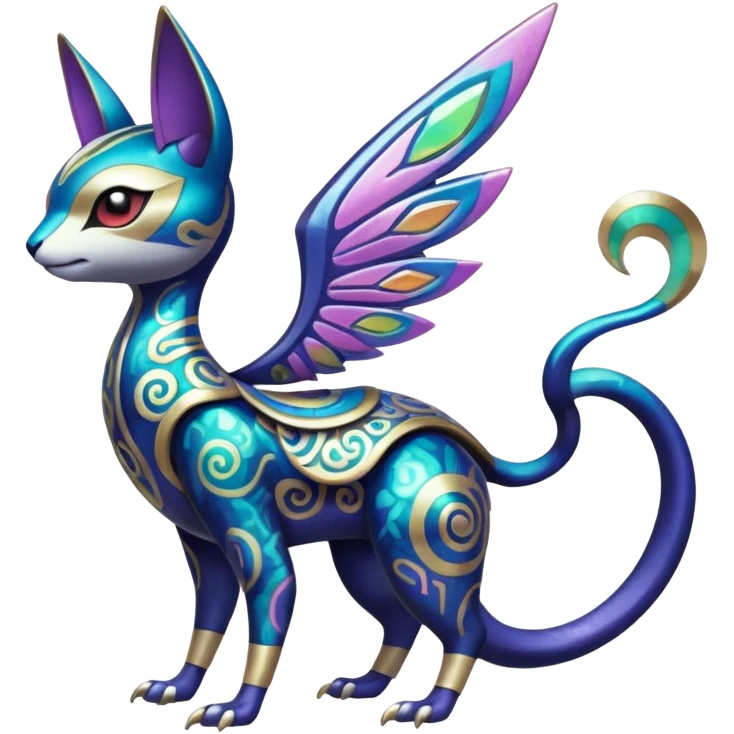 Shiny Colorful Futuristic Ornate Oriental Painted Asian Vernid-Trico-Meloetta-Latias-Koraidon-Peppercat-Protogen-Pokémon-Digimon-Fakémon-fusion-hybrid-creature emoji