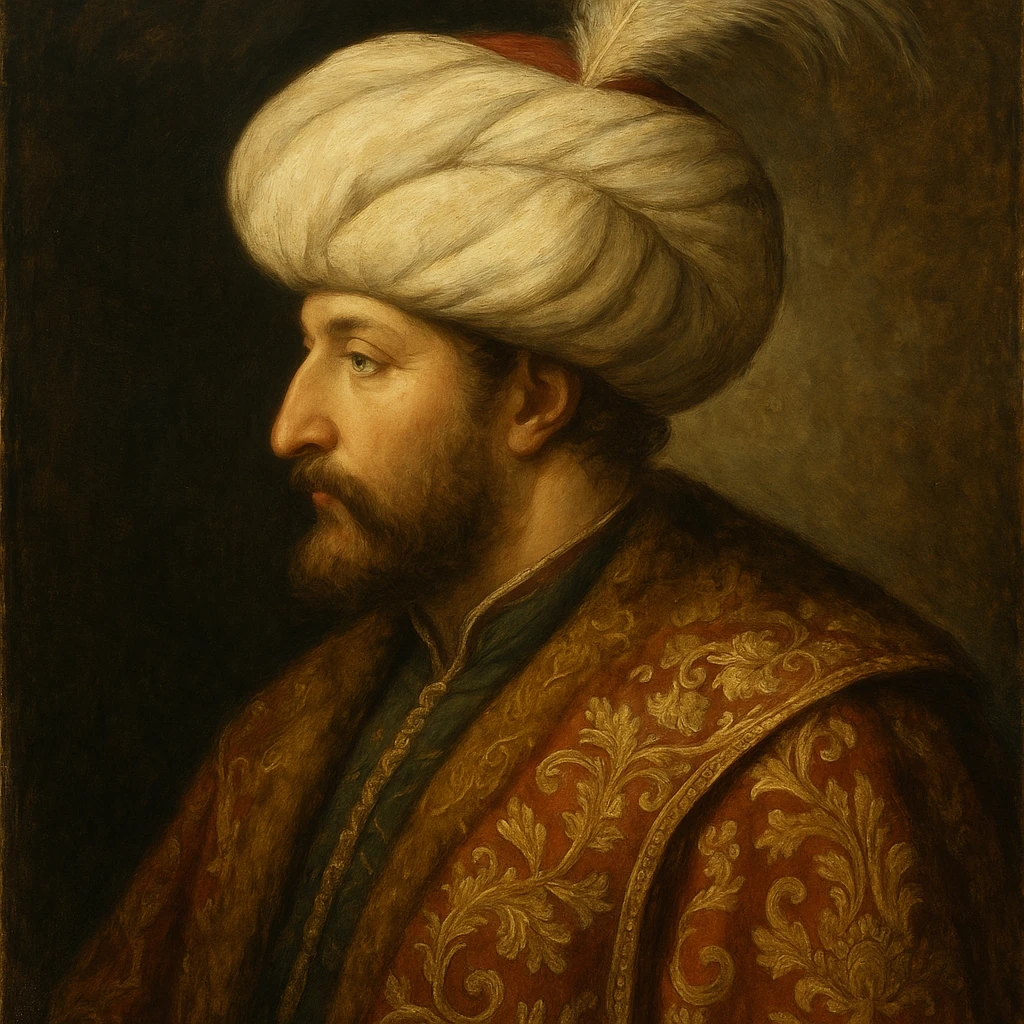 Fatih Sultan Mehmet, Ottoman sultan, with a feathered turban and ornate cloak, side profile, historical painting style emoji