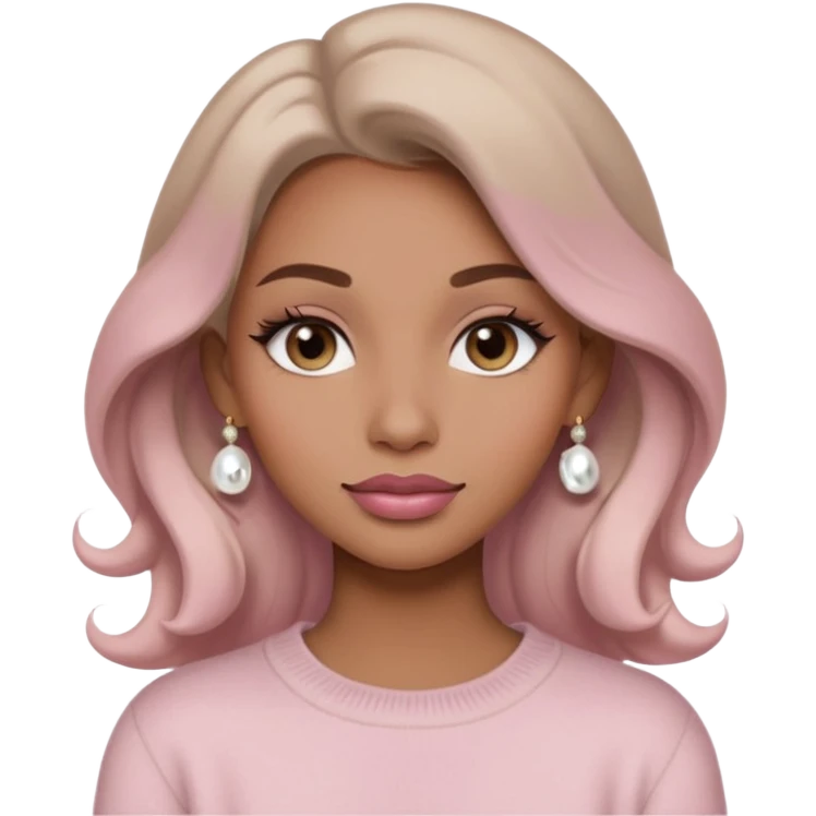 “Emoji girl, soft matte skin, neutral taupe eyeshadow, light rose lips, subtle contour, pearl earrings, loose waves, wearing cream cashmere sweater.” emoji