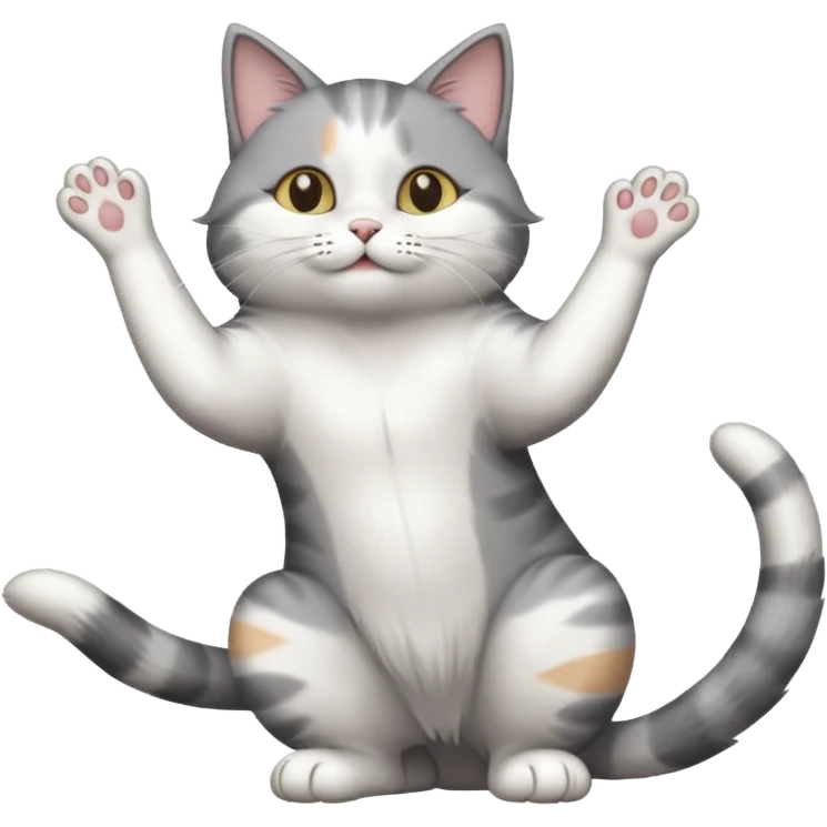 grey and white cat doing a big long stretch emoji