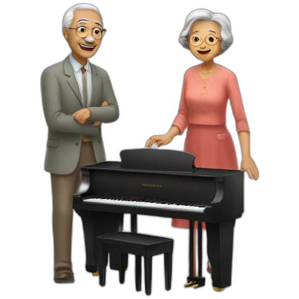 grandfather standing on a piano and a grandmother playing the piano emoji