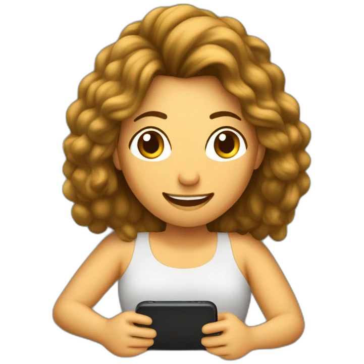 Mujer blanca de pelo castaño  delgada  chateando en un celular  sentada en una sofá emoji