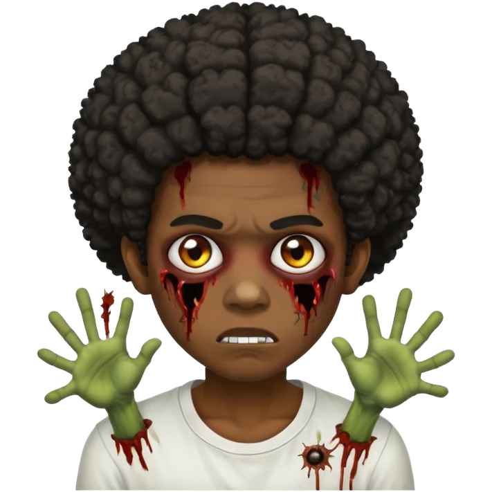 A dark-skinned boy with an afro, zombie eyes, and ears, wearing a white shirt. emoji