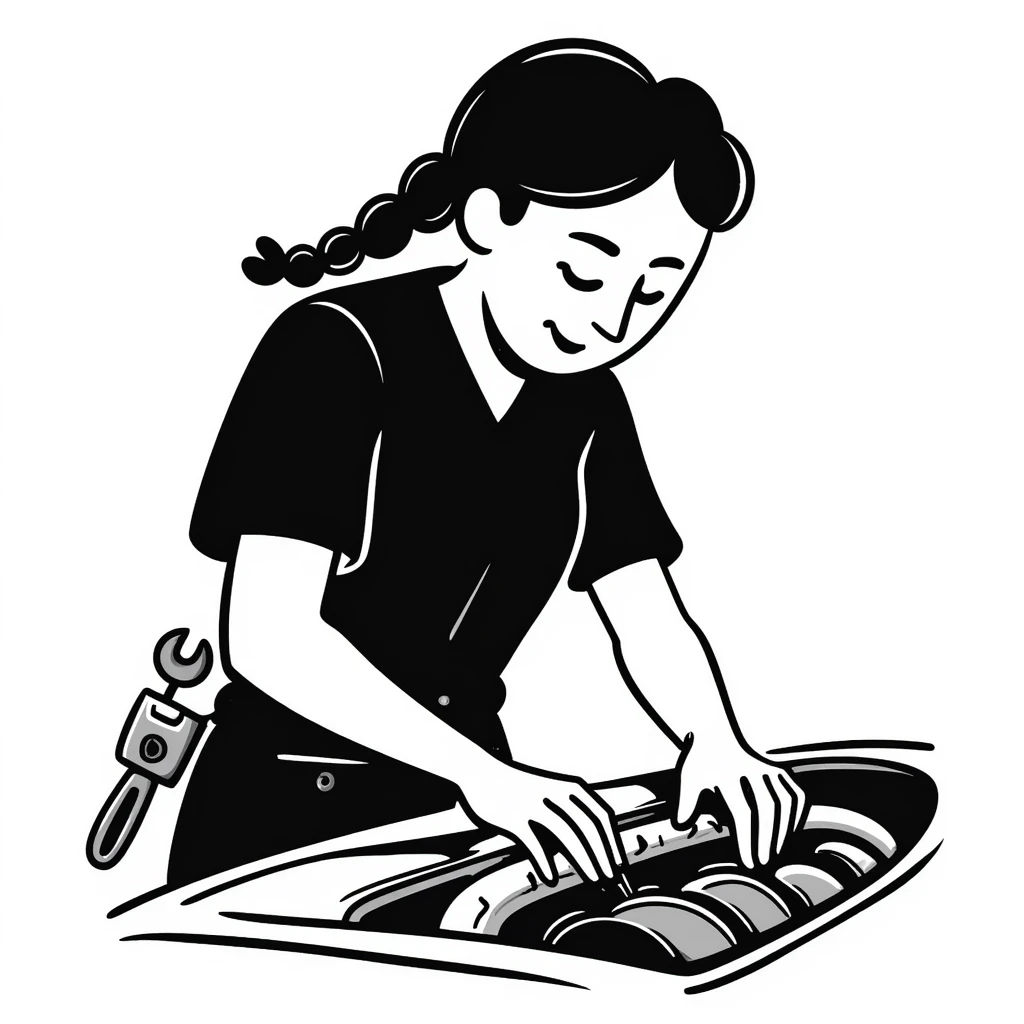 A 40-year-old Latina woman with light brown skin, two braids pulled back, dressed in all black mechanic scrubs, working as an auto mechanic emoji