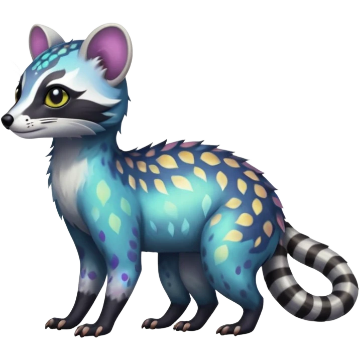 Rare iridescent white exotic epic aesthetic colorful Trico-Civet-species-Fakemon-hybrid-creature, with intricate tattoo markings, full body emoji