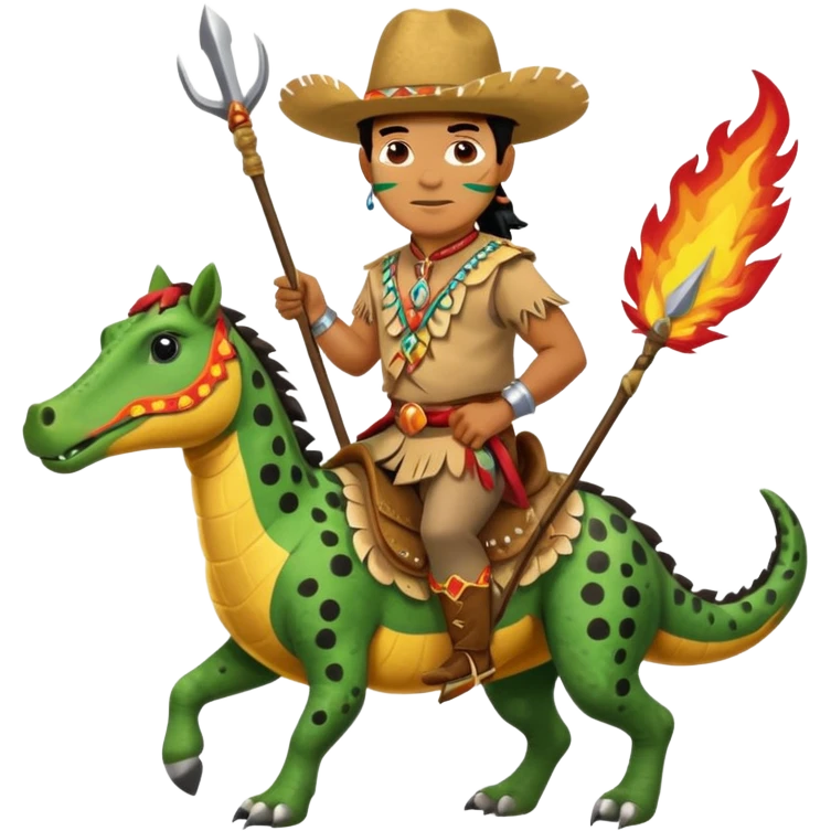 Male Chief Osceola wearing traditional Seminole garb and face paint , riding Appaloosa horse and planting a spear with feathers and flames on tail into alligator emoji