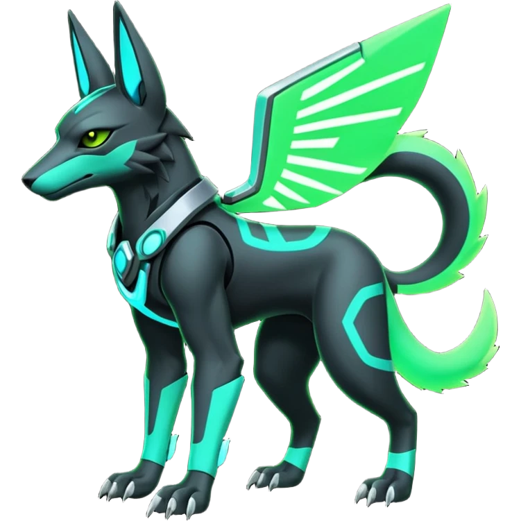 Black and green cyberpunk intricate neon glowing grey white futuristic cyborg-Anubis-Hermanubis-Zeraora-Zoroark-Umbreon-Litten-Salandit-fusion (full body) emoji