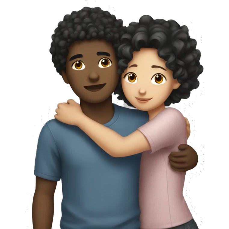 Black boy with curly hair hugging Asian girl emoji