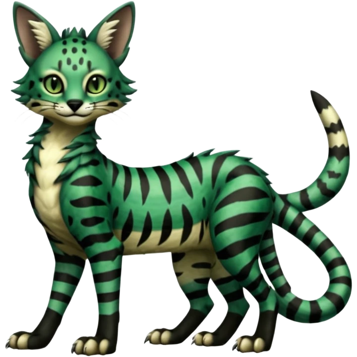 Epic complex detailed dark-deep-green, black, realistic aesthetic-Fakémon-Sprigatito-Floragato-Meowscarada-Trico-Sergal-Serval-Vernid-creature (full body) emoji