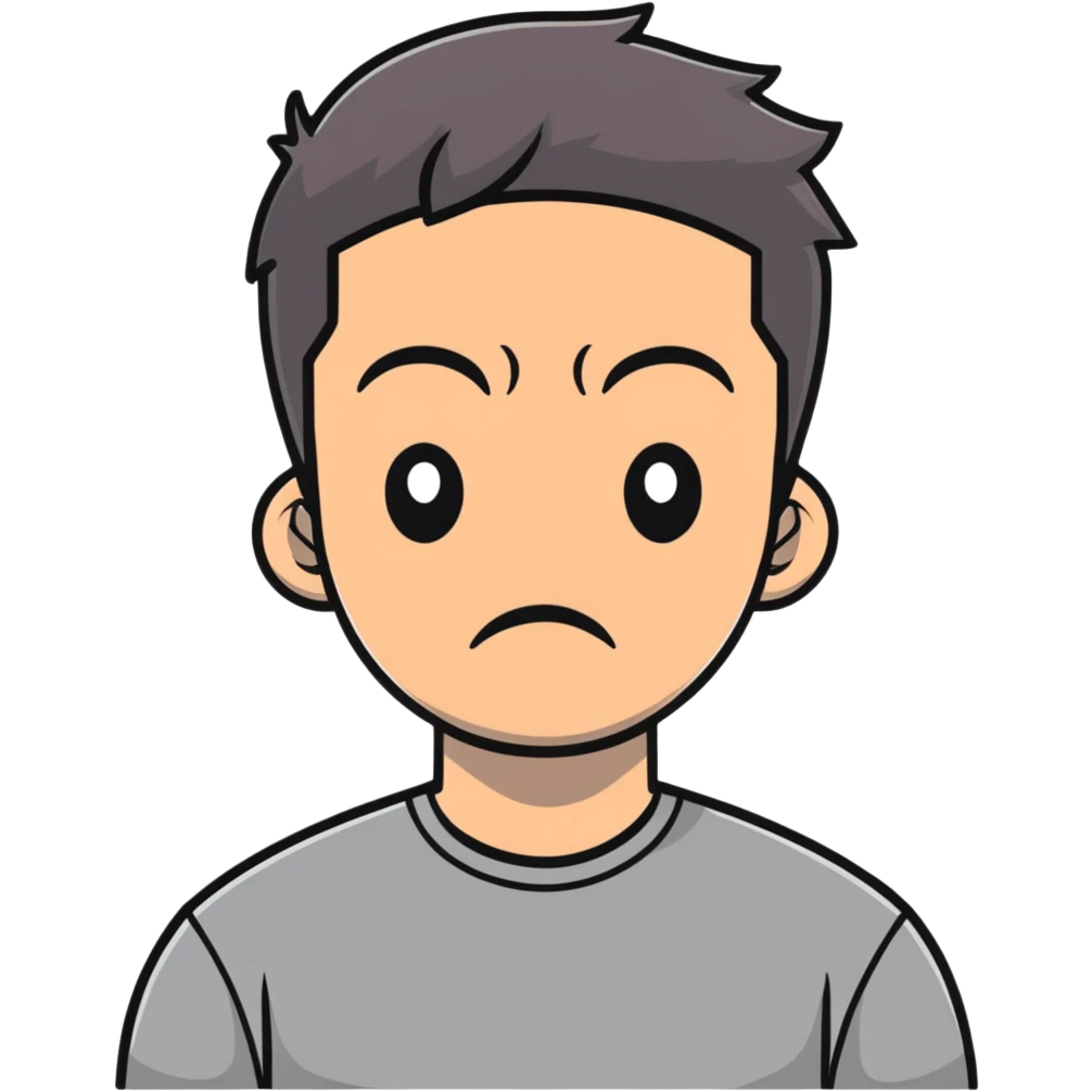 Asian man in a gray shirt with a frown emoji
