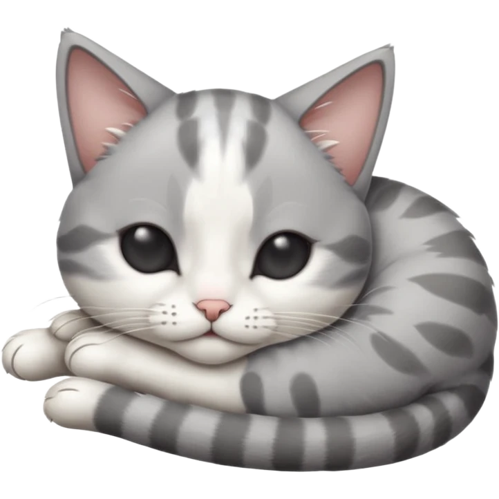 grey and white small cat with eyes closed lying down with its head resting own paw emoji