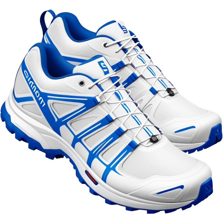 Minimalist white Salomon XT-6 shoes with only a blue colored line running through the middle, one shoe positioned behind the other, pure white everywhere else, iOS emoji style emoji