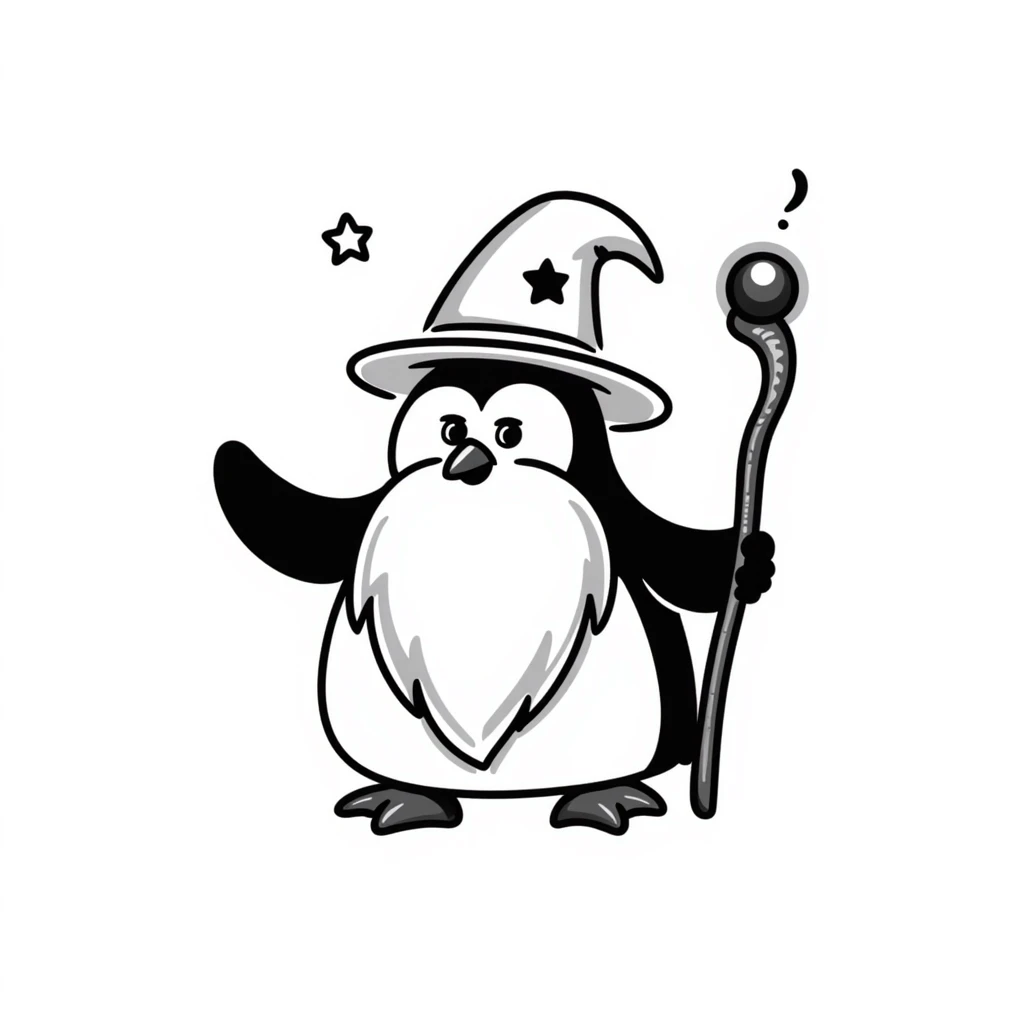 a penguin wizard with a long white beard, pointed hat, and magical staff emoji