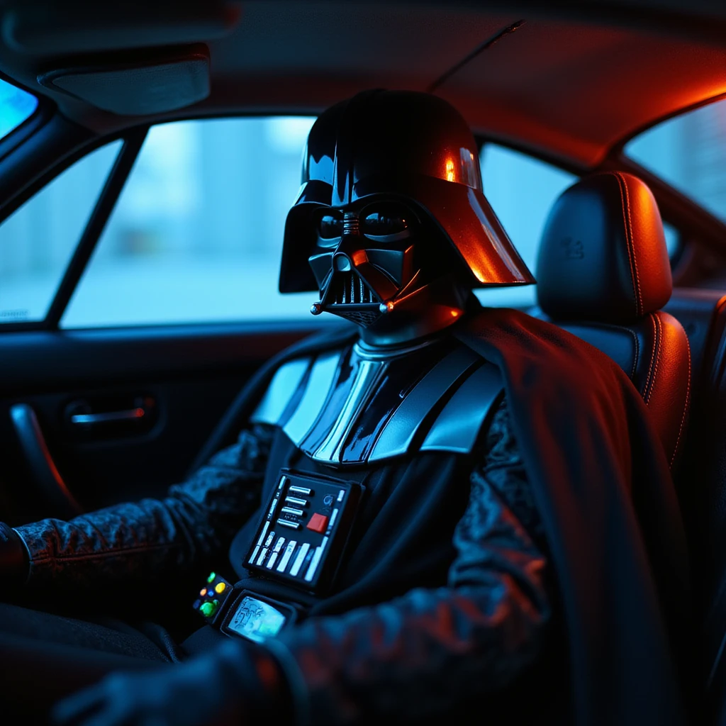 Cinematic shot of a Darth vader sitting in porsche 911, blue and orange lights  emoji