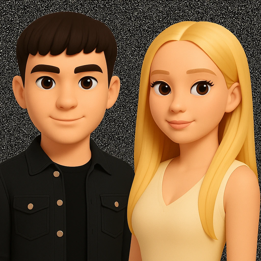 Slightly increase the volume of the upper body of the girl, separate the girl and the boy from each other, and make the skin color the same for both characters. Maintain the cartoonish 3D style as in the reference image. emoji