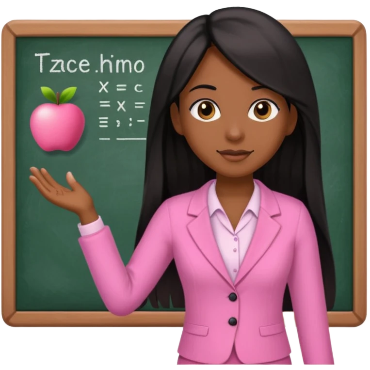 a brown skin teacher with hair with black straight long hair wearing pink not hot pink 2 piece set teaching up on a board emoji